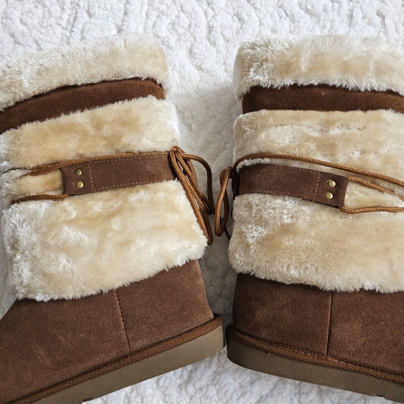 Natural Reflections Bernie Suede Shearling Tan Wrap Around Detail Cozy Boots - Picture 6 of 11